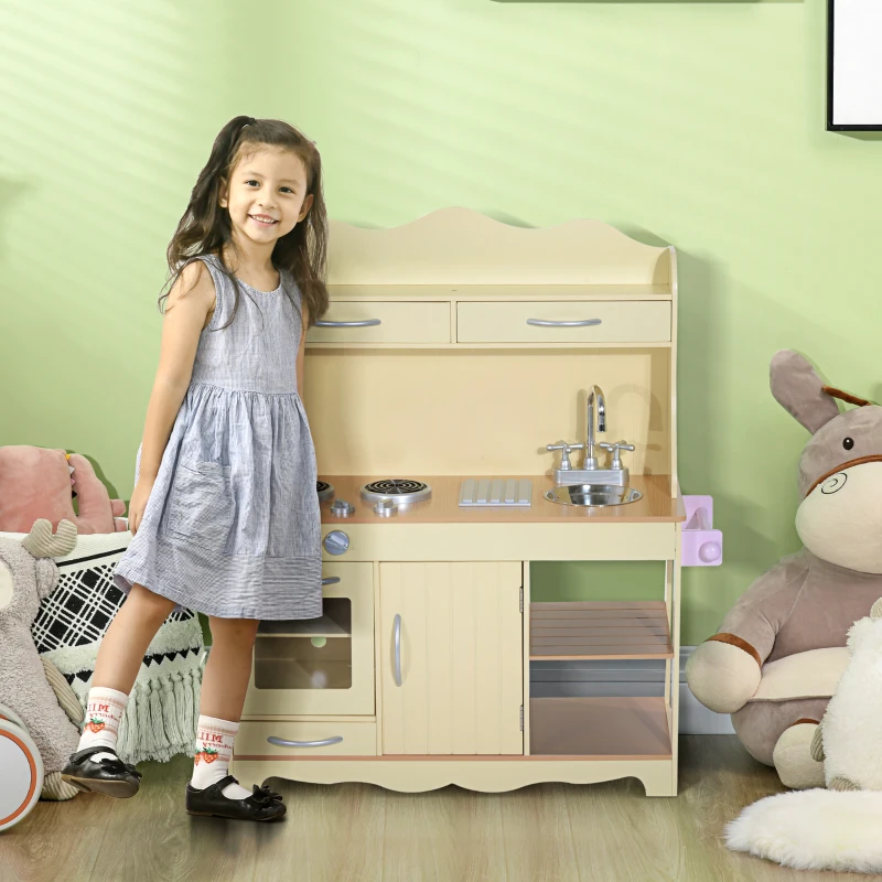 HOMCOM Holz Kinderküche Spielküche Spielzeugküche Kinderspielküche Spielzeug mit/ohne Zubehör/Fenster (Modell1/ natur)