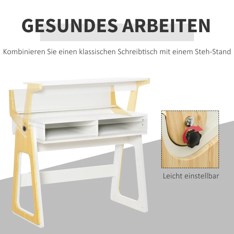 HOMCOM Computertisch Schreibtisch Stehpult und Sitzpult mit verstellbarem Regal Bürotisch mit 2 Fächer Home-Office helles Kiefer Natur Weiß 98 x 56,5 x 100,5 cm