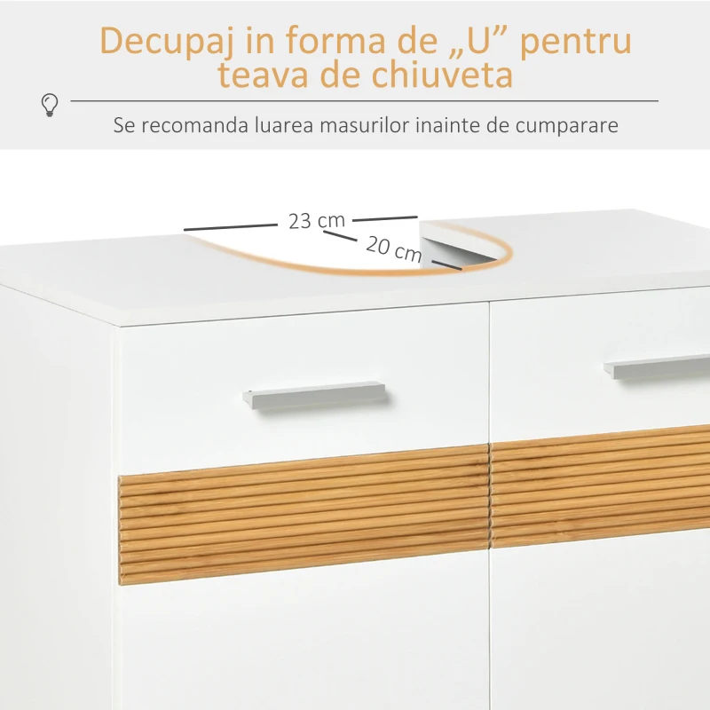 Kleankin Mobilier Sub Chiuveta Baie, Mobilier Baie Sub Chiuveta cu Usi din MDF si Bambus, 60x30x60,5cm, Alb