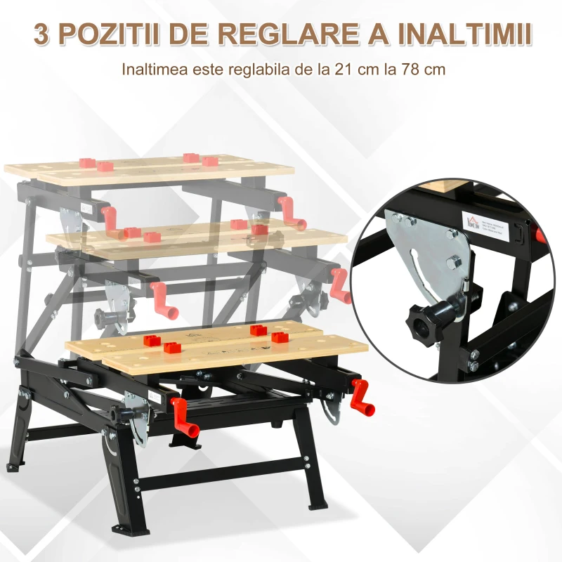 HOMCOM Banc de Lucru Pliabil Inaltime Reglabila Cleme Orificii pentru Scule