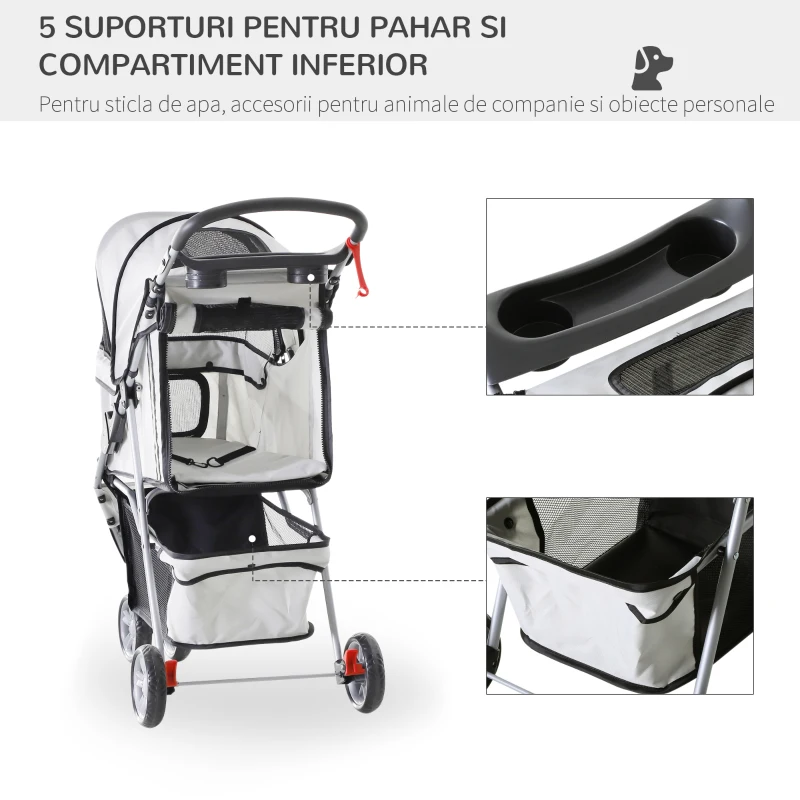 PawHut Cărucior Pliabil pentru Câini cu Roți, Coș de Depozitare și Căptușeală Detașabilă, 75x45x97 cm, Gri