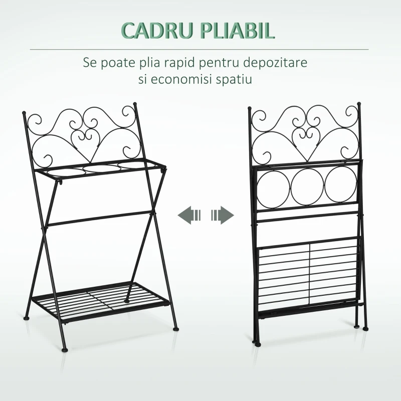 Suport pentru plante din Metal Pliabil Outsunny cu 3 Ghivece, Raft pentru Plante cu Etajera pentru Casa si Gradina, 47x37x78,5 cm, Negru