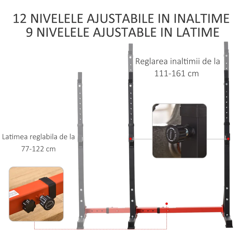 HOMCOM Suport pentru Bară și Greutăți cu Înălțime și Lățime Reglabile, 77-122x73x121-171 cm, Negru