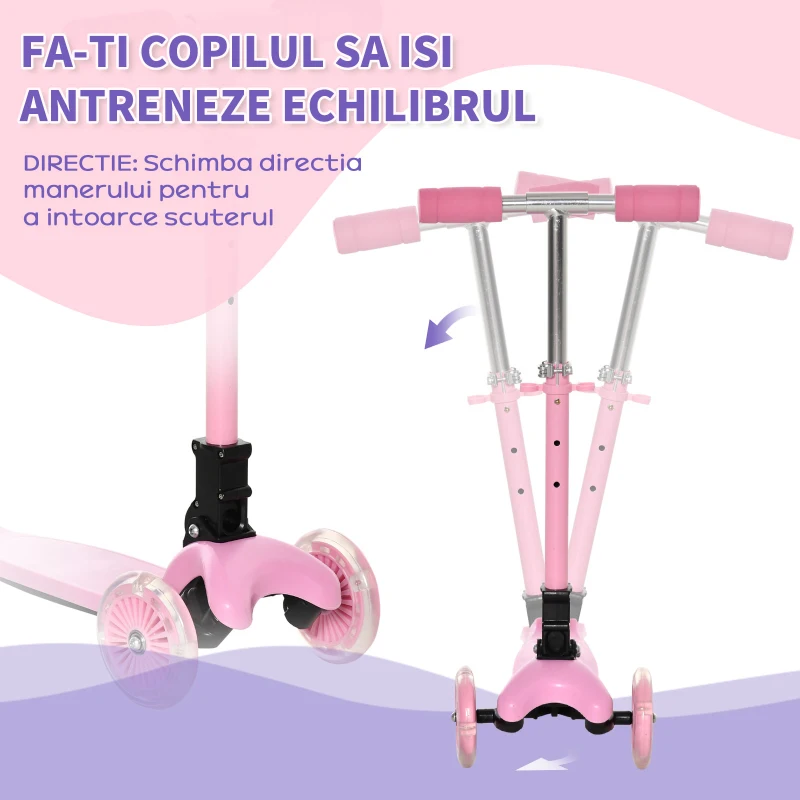 HOMCOM Trotineta Pliabila 3 Roti Luminate LED pentru Baieti si Fete 3-8 Anni - Roz