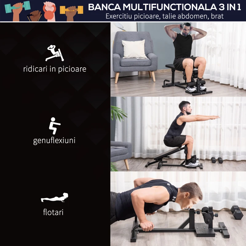 HOMCOM aparat fitness 3 in1,100x58x46cm, negru