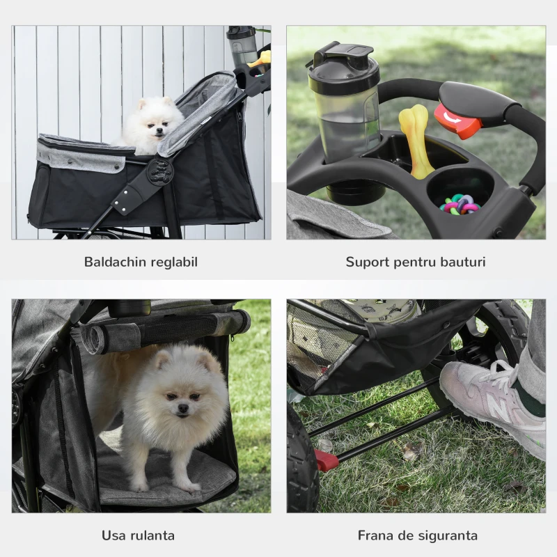 PawHut Carucior pentru Caini Pliabil 3 Roti cu Frana si Cos Gri Negru