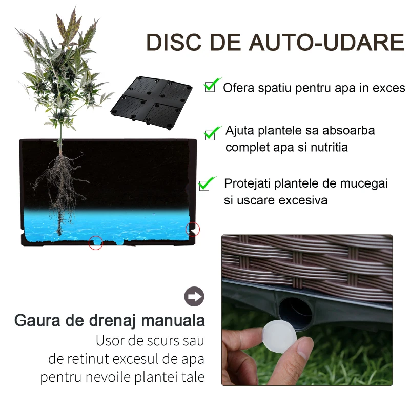 Outsunny Jardiniera de Exterior din Plastic cu 4 Roti si Disc Automat de Irigare, 40x40x31,5 cm