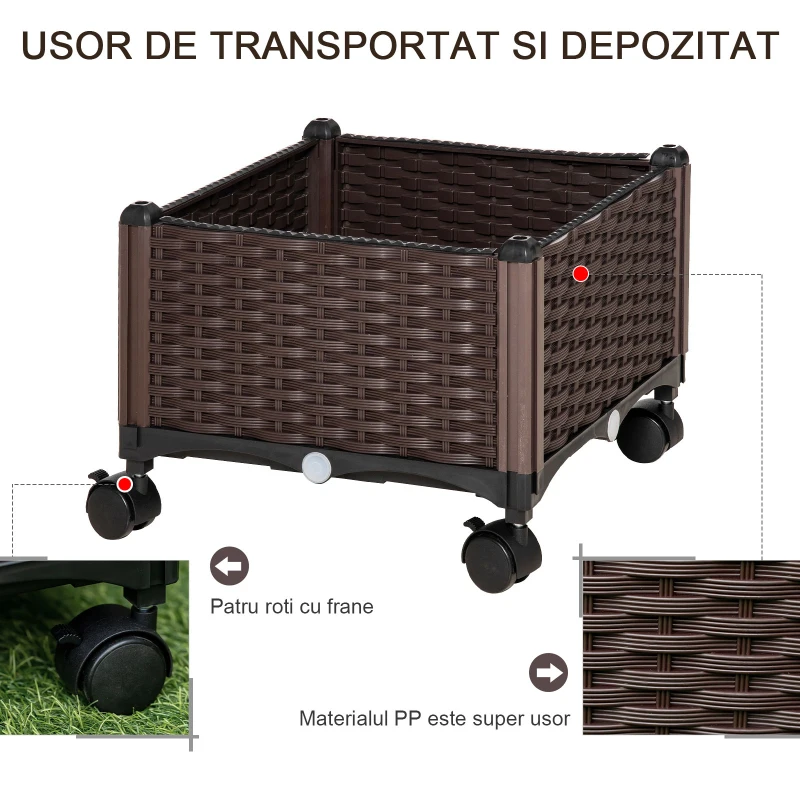 Outsunny Jardiniera de Exterior din Plastic cu 4 Roti si Disc Automat de Irigare, 40x40x31,5 cm