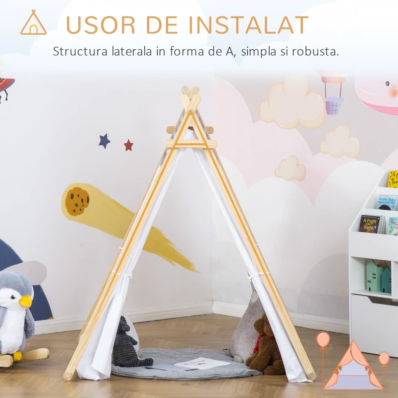 HOMCOM Cort Indian pentru Copii 3-6 Ani cu Usa si Fereastra din Lemn si Poliester, 130x111x136cm, Gri si Alb