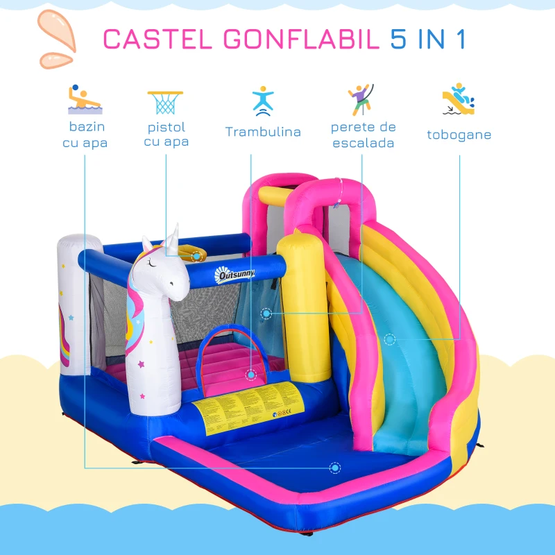 Outsunny Castel Gonflabil Unicorn – Parc de Joaca Gigant pentru 4 Copii