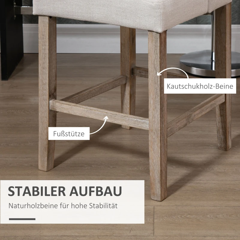 HOMCOM 2er-Set Barhocker mit lehne Barstühle mit Knopfheftung, Massivholz, inkl. Fußstütze, 47 cm x 50 cm x 101 cm, Grau + Natur