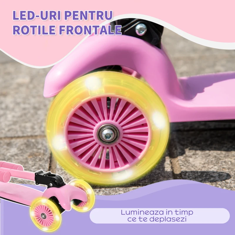 HOMCOM Trotineta Pliabila 3 Roti Luminate LED pentru Baieti si Fete 3-8 Anni - Roz
