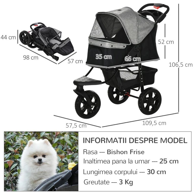 PawHut Carucior pentru Caini Pliabil 3 Roti cu Frana si Cos Gri Negru