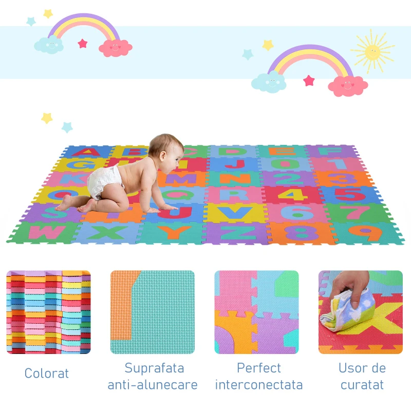 HOMCOM covor puzzle pentru copii, 36 piese, multicolor