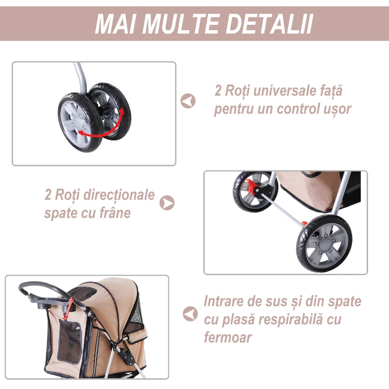 PawHut Carucior Animale Pliabil Cafeniu – 75×45×97 cm, Confort & Mobilitate