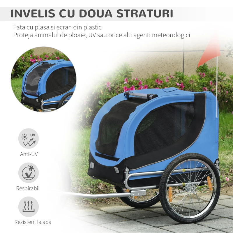 PawHut Remorcă de Bicicletă pentru Câini cu Punct de Atașare, Ferestre Laterale și Steguleț, 130x73x90 cm, Albastru