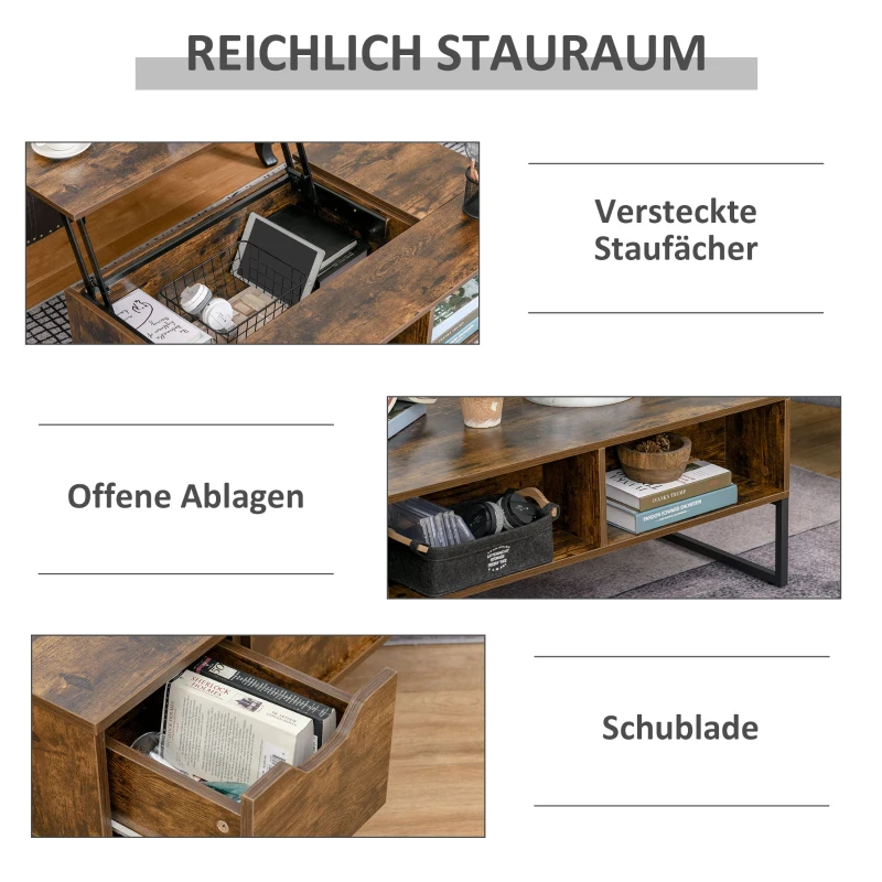 HOMCOM Salontafel Woonkamertafel Koffietafel met Verstelbaar Blad Spaanplaat Bruin 100 x 60 x 44 cm(m-5)