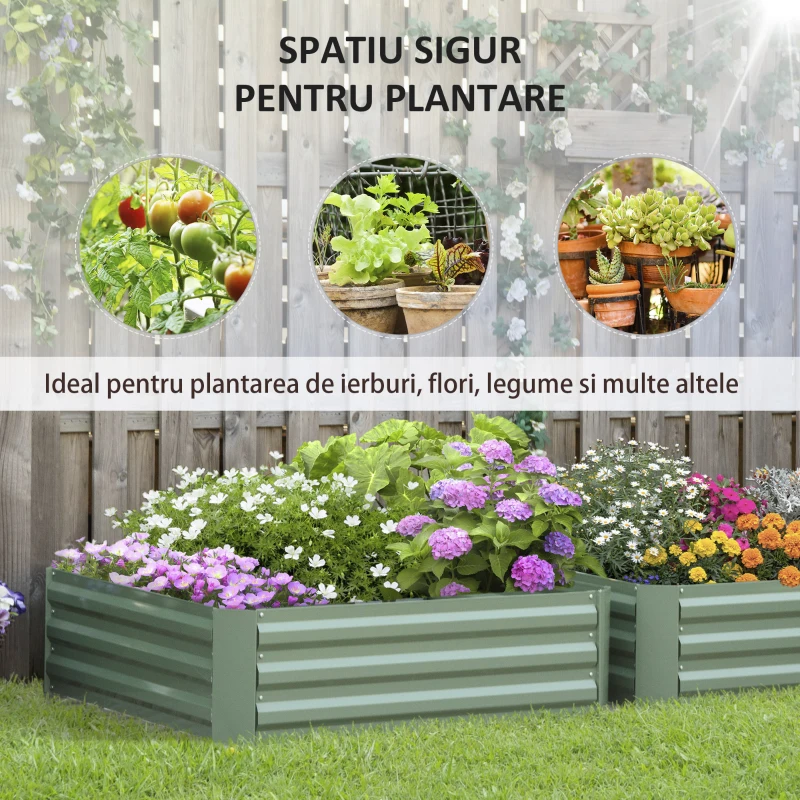 Outsunny Set 2 Paturi de Gradina Înălțate din Oțel, Jardinieră de Grădină pentru Plante, Legume și Arbuști, 100x100 cm, Verde