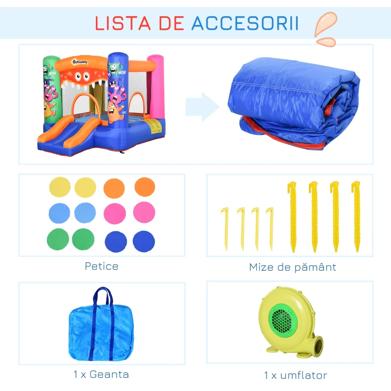 Outsunny Casa Joaca Gonflabila Giganta pentru Copii, cu Tobogan si Cos(m-8)
