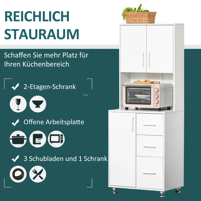 Szafka kuchenna wysoka szafka z półką na mikrofalówkę szuflady płyta wiórowa biała