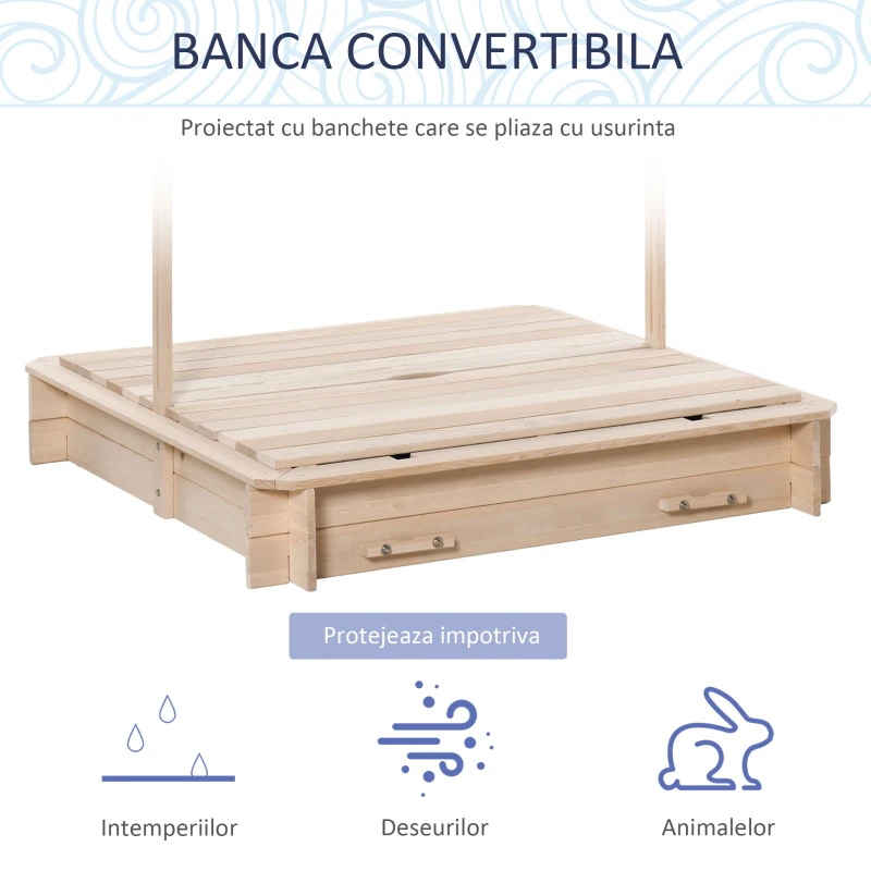 Outsunny Nisipar din Lemn pentru Copii cu Acoperis Parasolar Banca si Capac