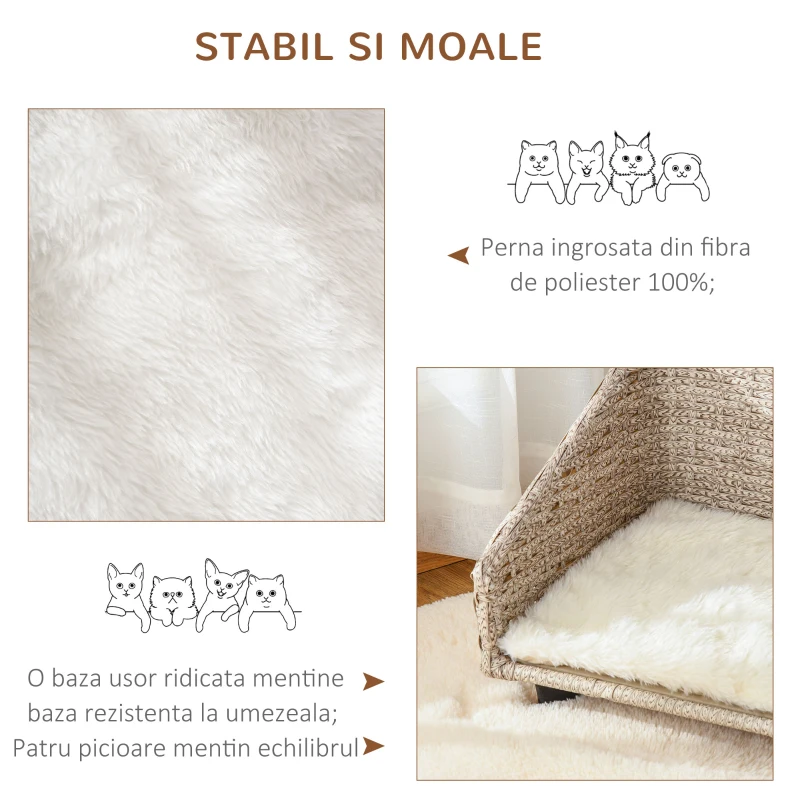 PawHut Cusca pentru Caini si Pisici din Ratan cu Perna Lavabila 70,5x40x37,5cm Bej