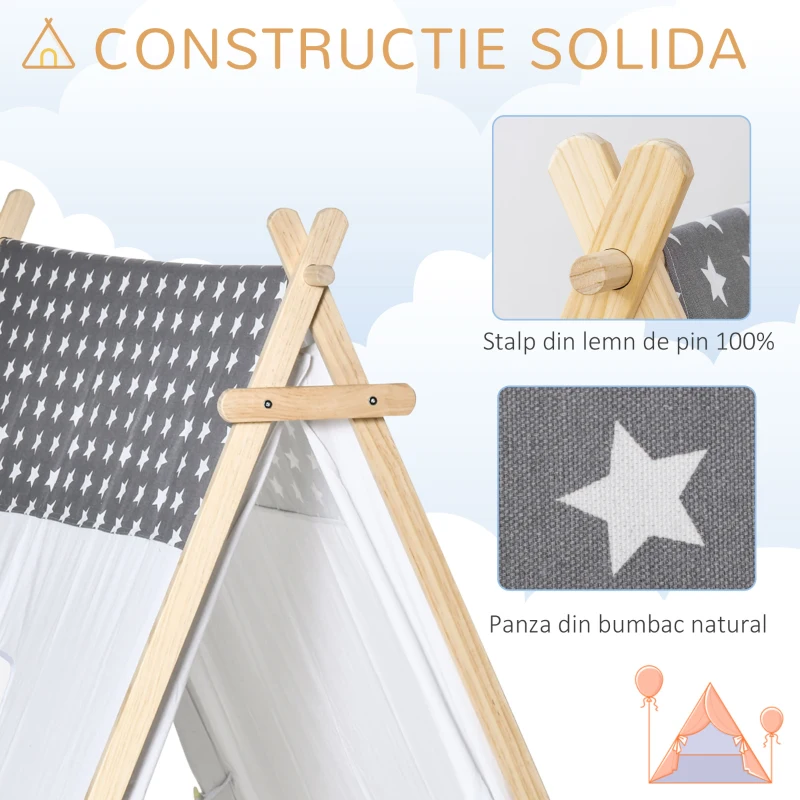 HOMCOM Cort Indian pentru Copii 3-6 Ani cu Usa si Fereastra din Lemn si Poliester, 130x111x136cm, Gri si Alb