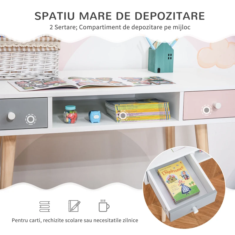 HOMCOM Birou cu sertare pentru copii, MDF, 100x48x76.5 cm, Multicolor