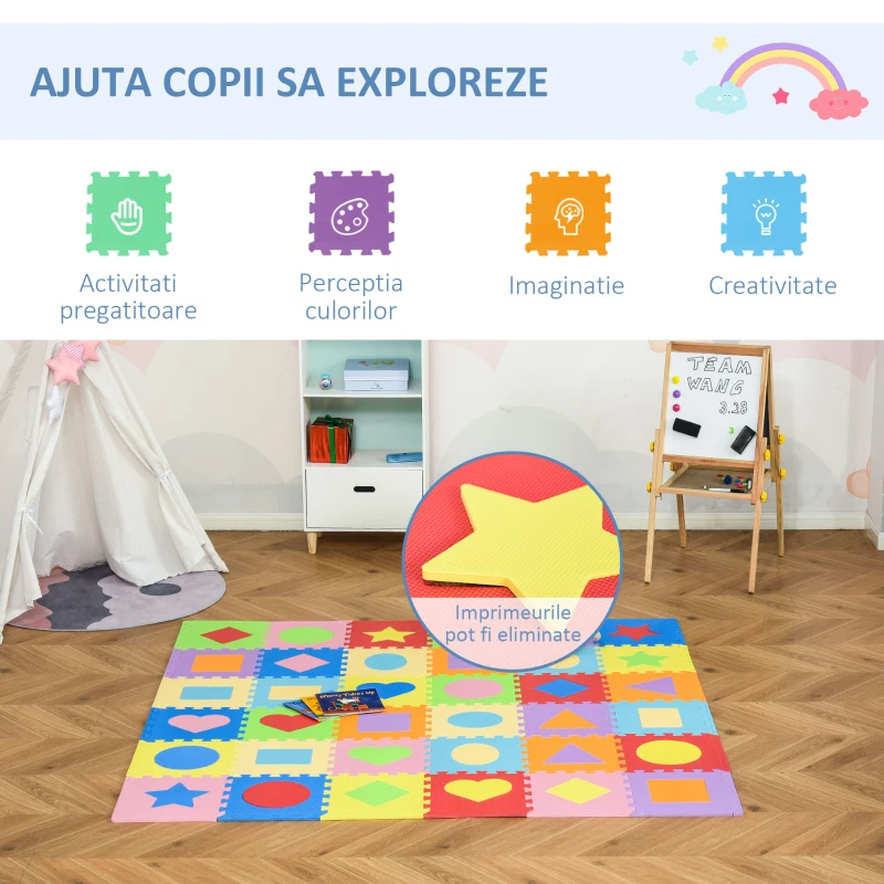 HOMCOM Covor puzzle 36 bucati cu margini si forme colorate din EVA antiderapanta