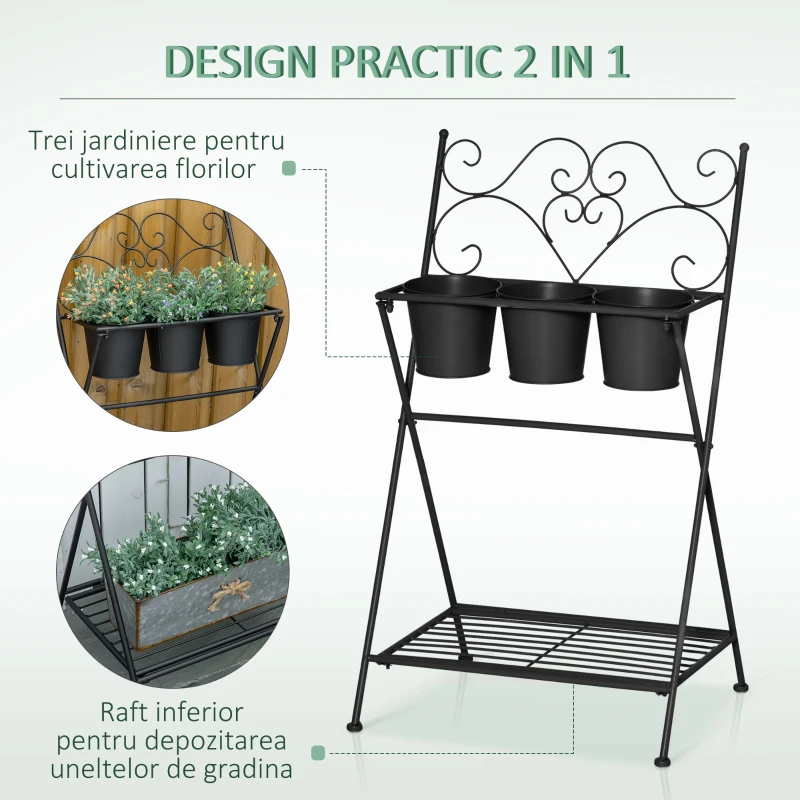 Suport pentru plante din Metal Pliabil Outsunny cu 3 Ghivece, Raft pentru Plante cu Etajera pentru Casa si Gradina, 47x37x78,5 cm, Negru