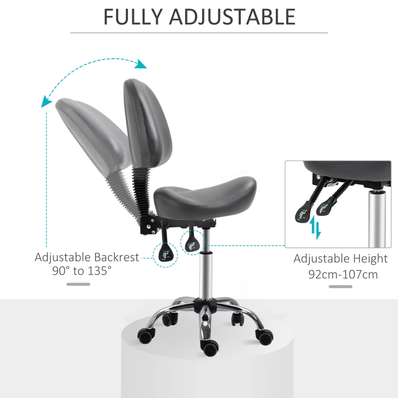 HOMCOM Saddle Stool, PU Leather Adjustable Rolling Salon Chair for Massage, Spa, Clinic, Beauty and Tattoo, Grey