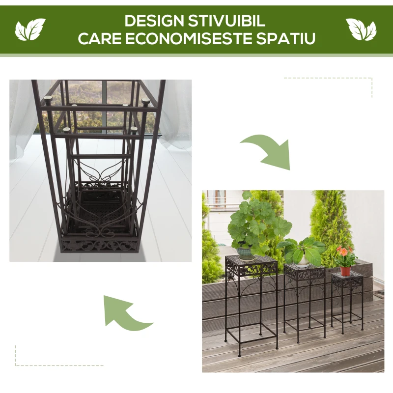 Outsunny Set de 3 Bucăți Scaune Suport pentru Plante Clasic din Fier Sgabelli Supporto per Piante Classico in Ferro, MARO