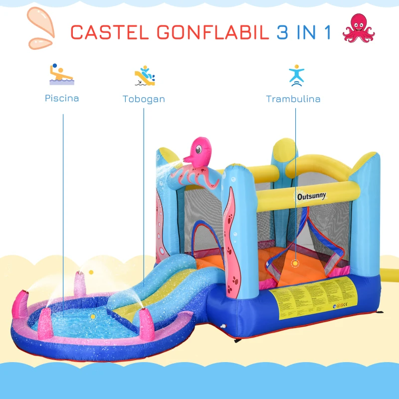 Outsunny Castelul Gonflabil pentru Copii cu Tobogan si Piscina, Tematica Mare(m-4)