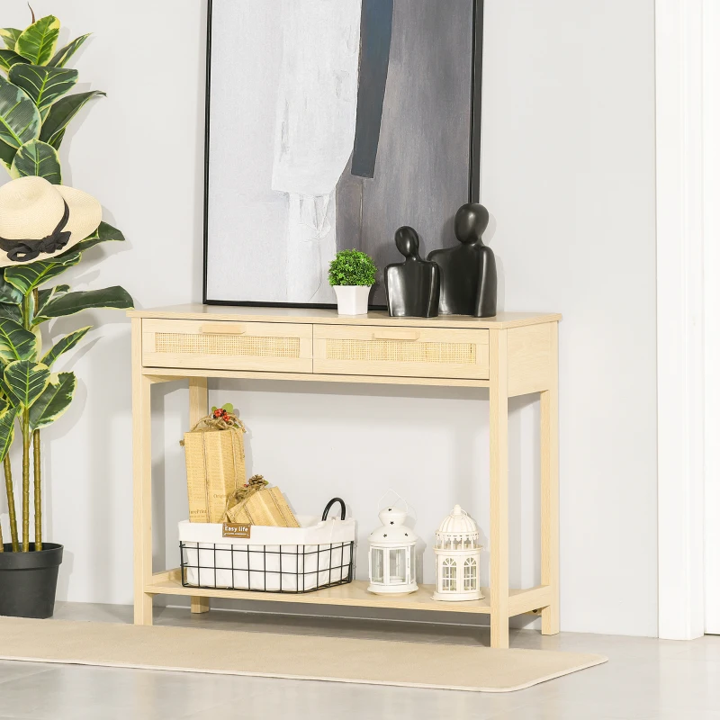 HOMCOM Konsolentisch Beistelltisch Rattan-Design mit 2 Schubladen Sideboard Eingang MDF Spanplatte 100 x 30 x 76 cm