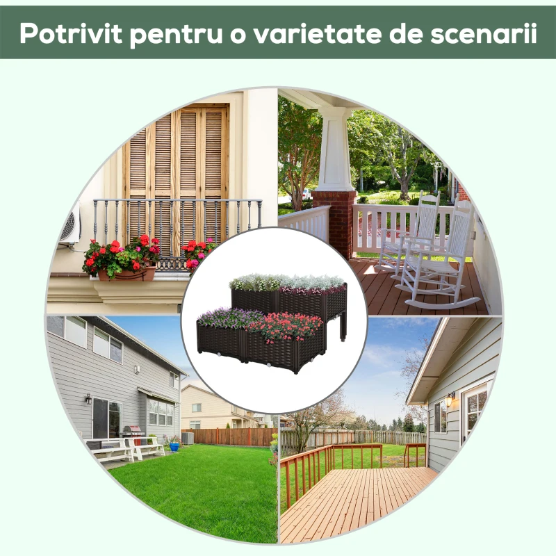 Outsunny set ghivece flori, 4 compartimente, 40x40x44cm, maro