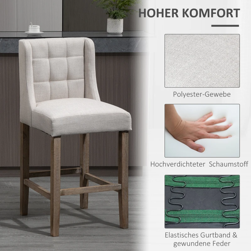 HOMCOM 2er-Set Barhocker mit lehne Barstühle mit Knopfheftung, Massivholz, inkl. Fußstütze, 47 cm x 50 cm x 101 cm, Grau + Natur