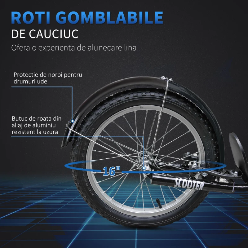 HOMCOM trotineta copii, roti mari, frane, 139x58x90-96cm