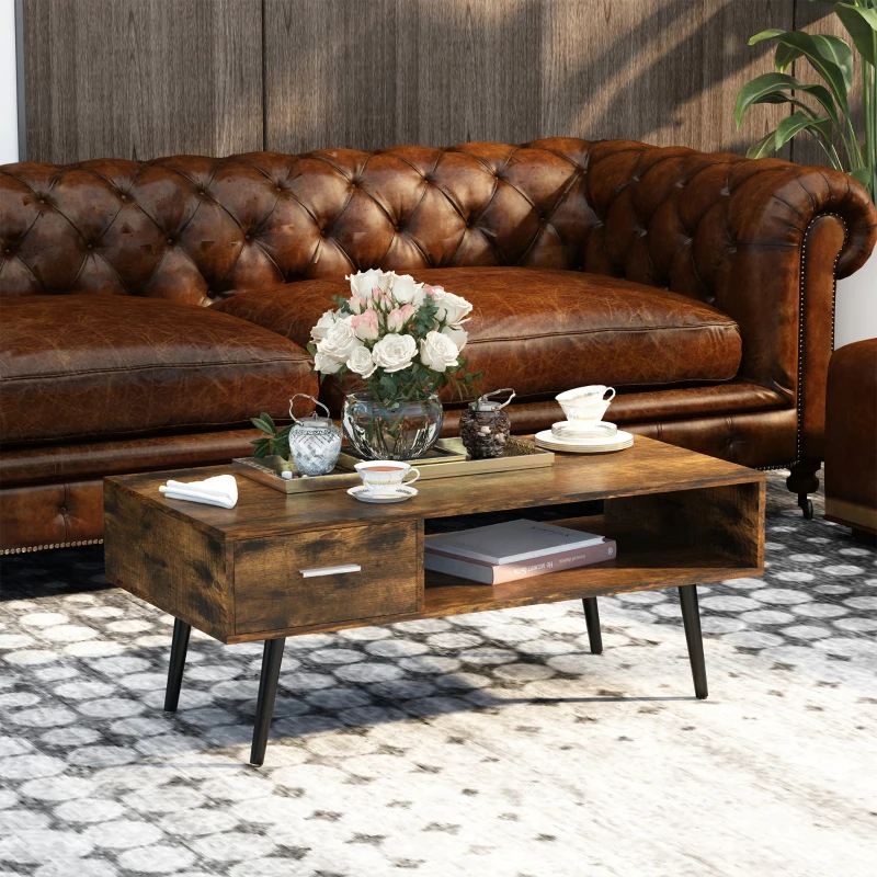 Stolik kawowy stolik do salonu stolik okolicznościowy z szufladą otwartą półką drewno