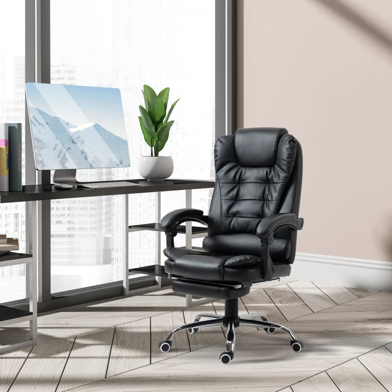 HOMCOM Recliner PU Office Chair W/Footrest-Black