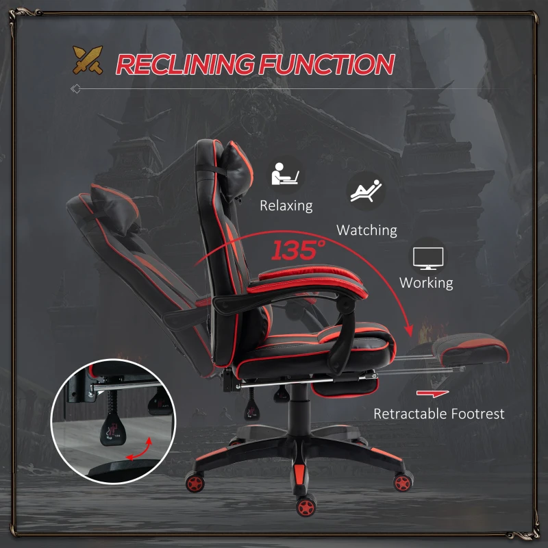 Vinsetto Reclining Gaming Chair with Footrest, Ergonomic, PU Leather Executive Swivel Chair with Headrest, Red and Black