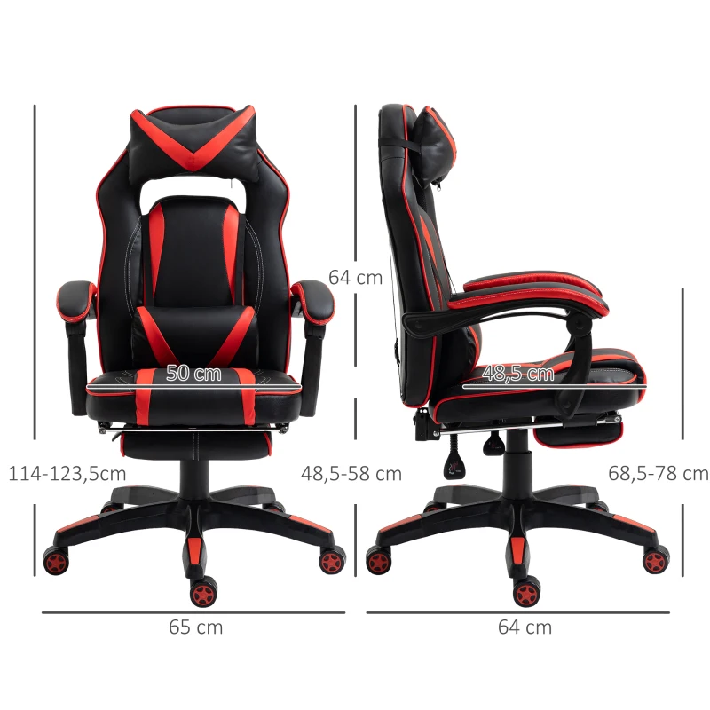 Vinsetto Reclining Gaming Chair with Footrest, Ergonomic, PU Leather Executive Swivel Chair with Headrest, Red and Black