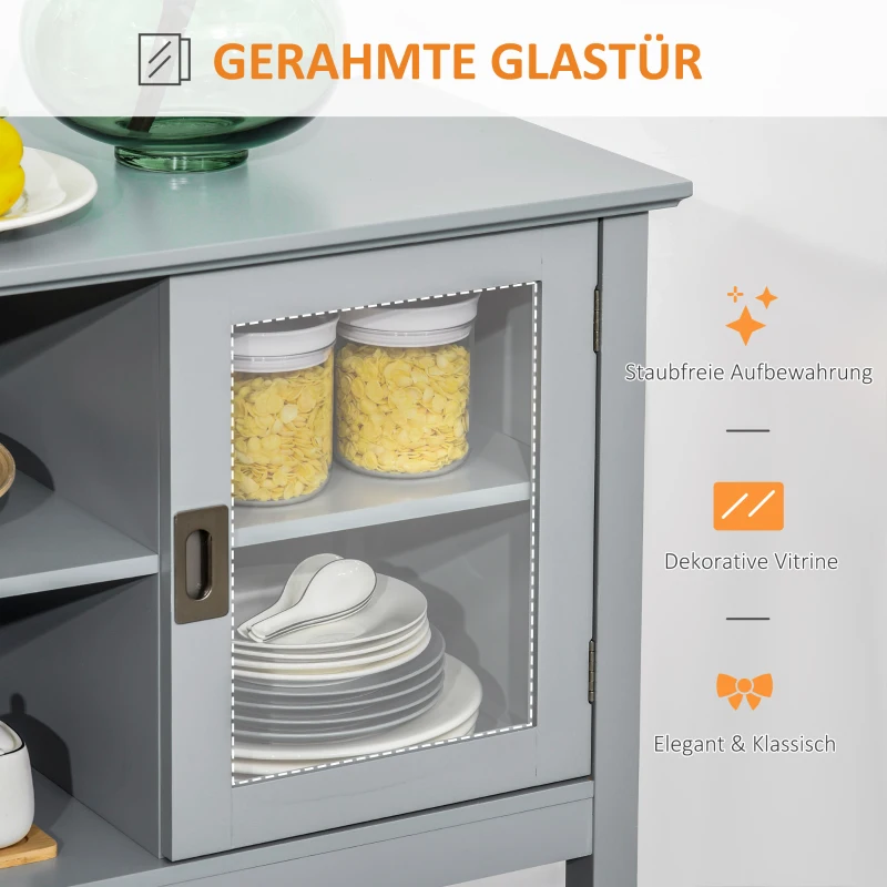HOMCOM Sideboard mit 2 Vitrinentüren 2 Regale Glas Grau