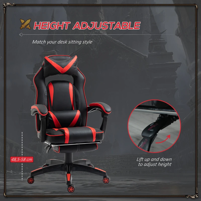 Vinsetto Reclining Gaming Chair with Footrest, Ergonomic, PU Leather Executive Swivel Chair with Headrest, Red and Black