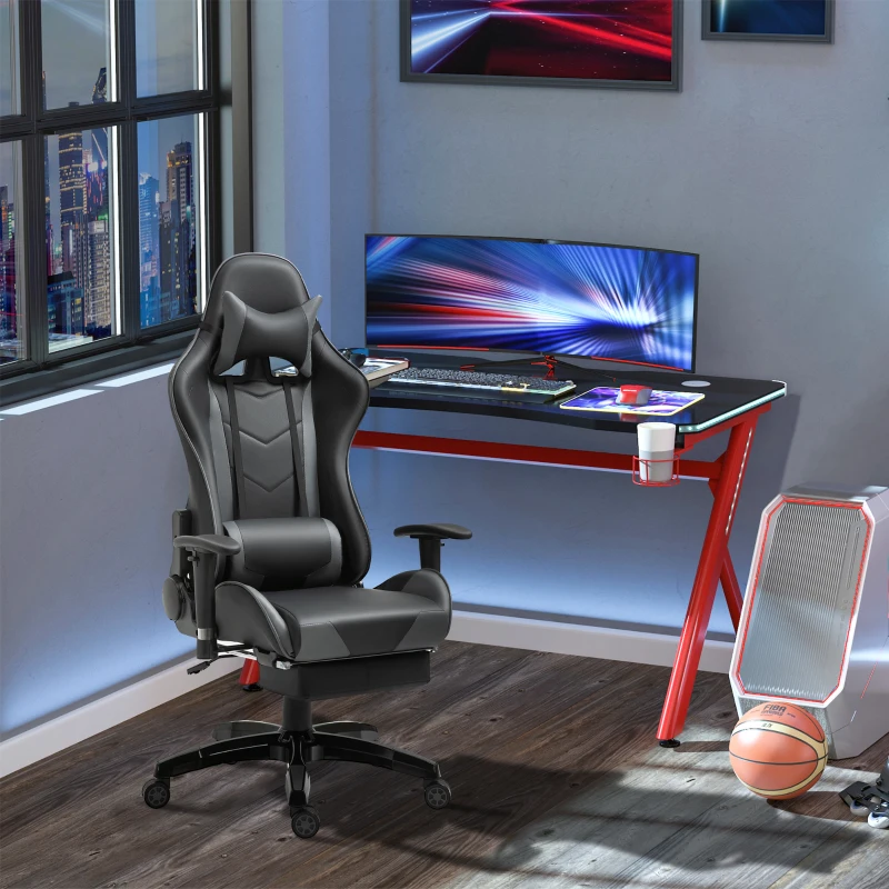HOMCOM Gaming Chair Swivel Home Office Racing Gamer Desk Chair w/ Footrest, Black Grey
