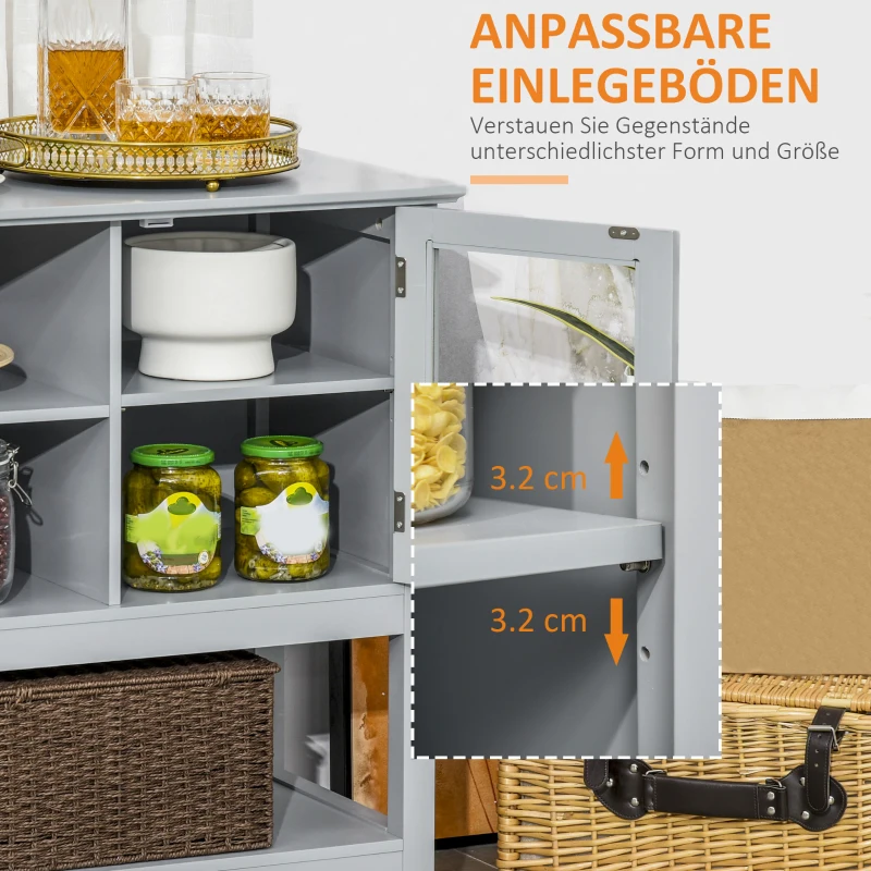 HOMCOM Sideboard mit 2 Vitrinentüren 2 Regale Glas Grau