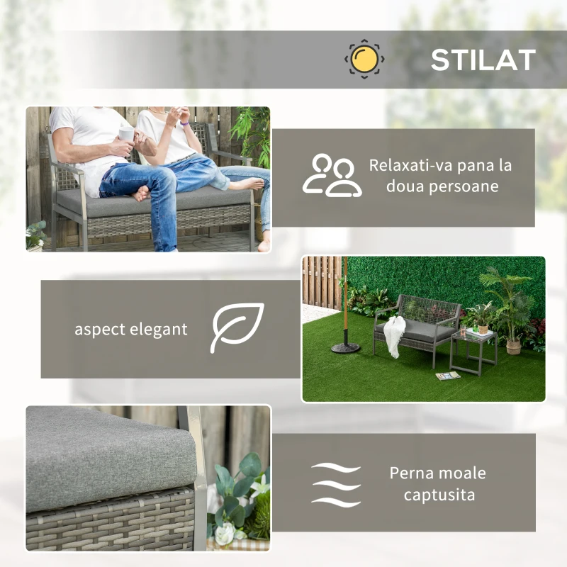 Outsunny Canapea bancuta de gradina 2 locuei in Rattan si aluminiu Gri 118 x 75 x 79 cm