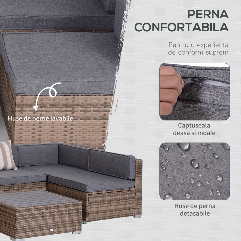 Outsunny Salon de Gradina din Rattan din 7 Piese cu Masuta si Canapea Modulara cu Perne, Gri