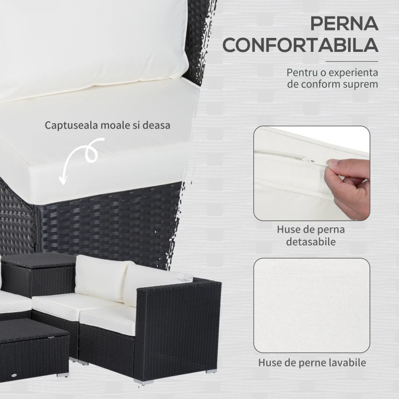 Outsunny Set Mobilier De Gradina 6 Piese Modulare din Ratan PE, Salon de Exterior cu 4 Fotolii Capitonate si 2 Masute Depozit, Negru si Crem