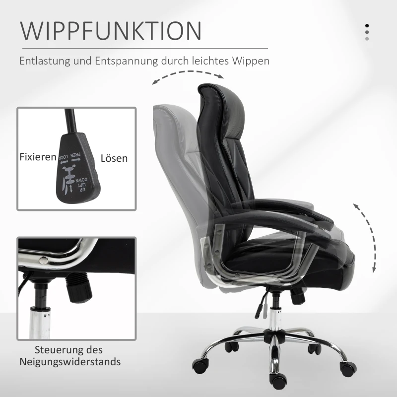 Vinsetto Chefsessel Bürostuhl Schreibtischstuhl Drehstuhl ergonomisch mit Wippenfunktion höhenverstellbar Rautenmuster modern elegant luxuriös PU-Kunstleder Metall Schaumstoff Schwarz 66x69x121 cm