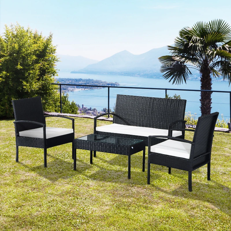 Outsunny Set Mobila in PE Rattan de Extern cu Masa, 2 Fotolii si Canapea cu Perne, Negru(m-13)